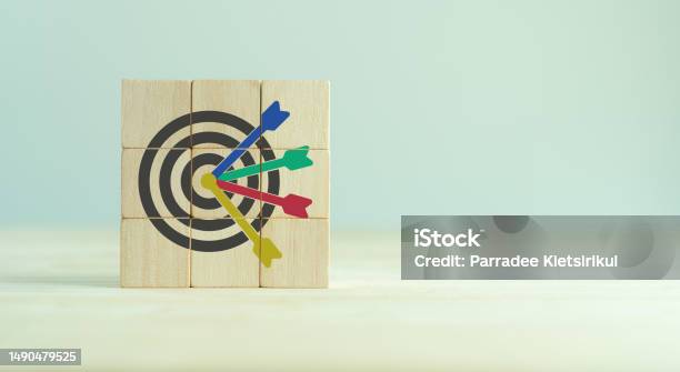 Targets Goals Objectives Kpi Okr Business Success Planning Goals Achievement Concept Archery Target Ring With Many Targets And Four Arrows Hitting The Center Of The Objective On Wooden Blocks Stock Photo - Download Image Now
