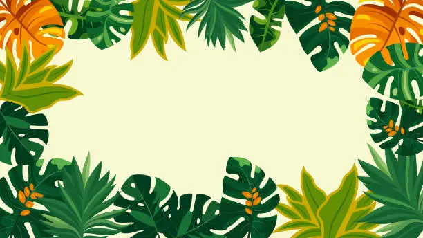 Vector illustration of Summer background with tropical exotic leaves. Summer holiday concept.