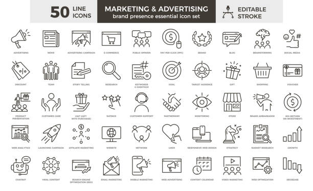 마케팅 및 광고 라인 아이콘 세트입니다. 50개의 편집 가능한 스트로크 벡터 그래픽 요소, 필수 브랜드 인지도 툴킷 - 마케팅 stock illustrations