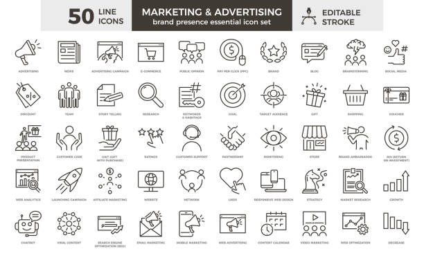 ilustrações de stock, clip art, desenhos animados e ícones de marketing and advertising line icon set. 50 editable stroke vector graphic elements, essential brand presence toolkit - marketing