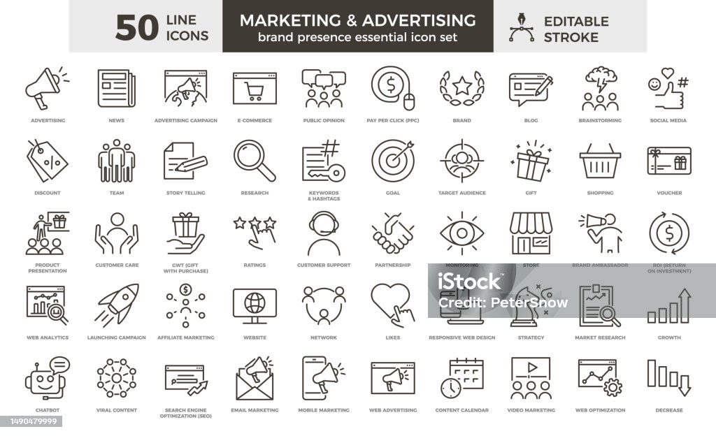 Marketing and advertising line icon set. 50 editable stroke vector graphic elements, Essential brand presence toolkit Vector eps10 Icon Symbol stock vector