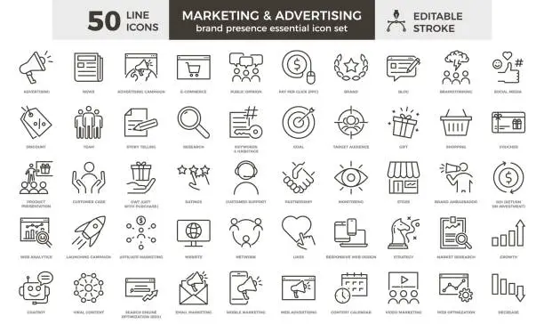Vector illustration of Marketing and advertising line icon set. 50 editable stroke vector graphic elements, Essential brand presence toolkit
