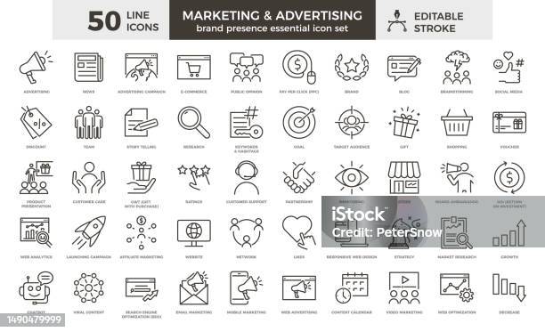 Marketing And Advertising Line Icon Set 50 Editable Stroke Vector Graphic Elements Essential Brand Presence Toolkit向量圖形及更多圖示圖片