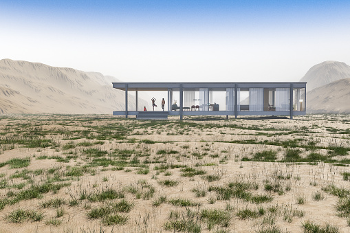 Family living in modern house in remote area. 3D generated image.