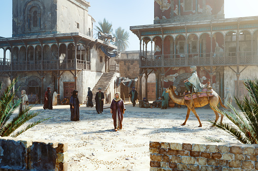 Fantasy medieval Middle East street, 3D generated image.