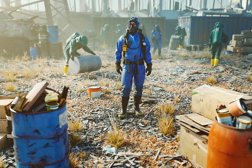 Men in hazmat suit cleaning polluted environment. 3D generated image.