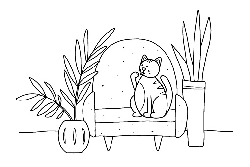 Doodle Cat on the couch. Hand-drawn pet in a cozy interior with plants in a pot. Outline striped animal licks its paw at home. Line kitten sits and washes on soft furniture. Vector funny illustration