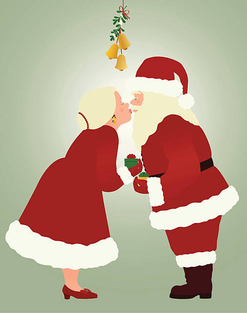 Santa and Mrs Claus about to kiss under mistletoe Santa and Mrs Claus exchanging Christmas gifts and about to kiss under mistletoe. mrs claus stock illustrations