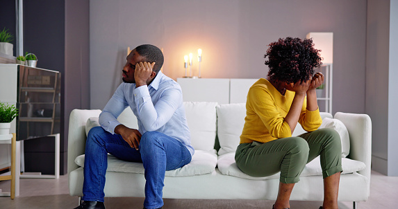 Sad Couple Family Problems And Divorce. Woman Ignoring Man