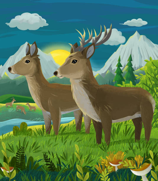 istock cartoon scene with nature forest and animal deers 1490488113