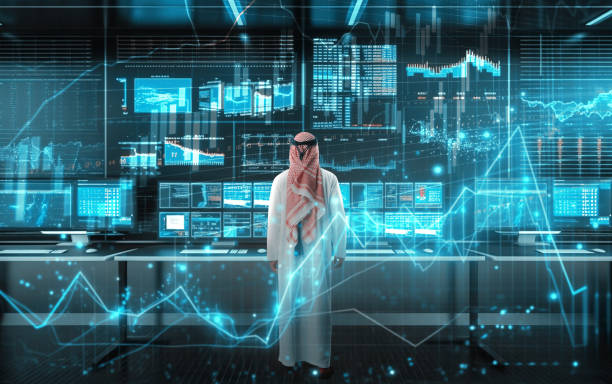 Muslim businessman working with floating data visualization screen stock photo