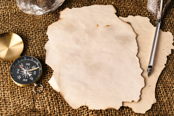 istock Old paper with compass and quill pen top view 1490490655