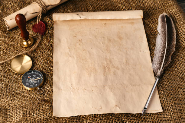 istock Old paper with compass and quill pen top view 1490490823