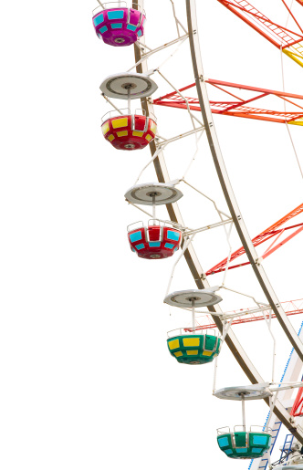 Part of a colorful big ferris wheel isolated on white background.