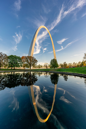 The St. Louis city skyline with Gateway Arch photographed at sunset.