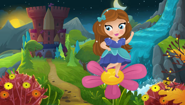 자연 숲 공주와 성 만화 장면 - castle fairy tale palace forest stock illustrations