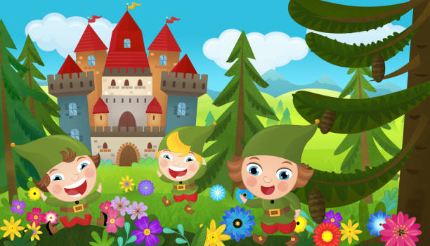 자연 숲 공주와 성 만화 장면 - castle fairy tale palace forest stock illustrations