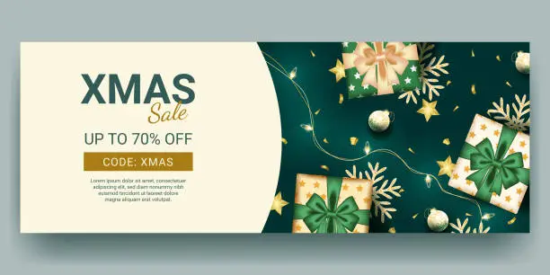 Vector illustration of christmas sale banner with realistic green decoration