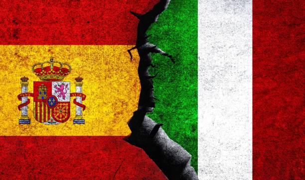 istock Italy and Spain flag together. Spain Italy conflict 1490502444