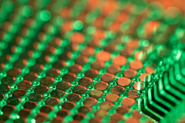 Macro abstract photo of geometric patterns for depicting subatomic world, quantum physics and speed of data transfer. No people are seen in frame. Shot in studio with a macro lens and a mirrorless camera.