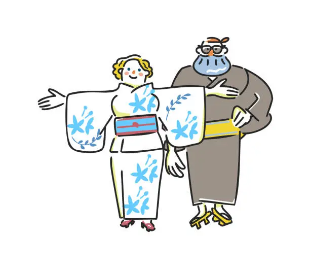Vector illustration of Japanese summer traditions A foreign tourist couple wearing a yukata Inbound illustration material