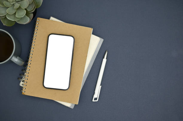 Overhead of a workspace with smartphone white screen mockup, notebook, pen, coffee cup, potted plant and space on blue background.