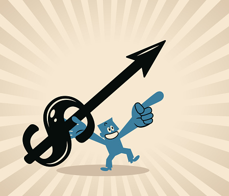 Blue Cartoon Characters Design Vector Art Illustration.
A smiling blue man aims the money arrow further up.