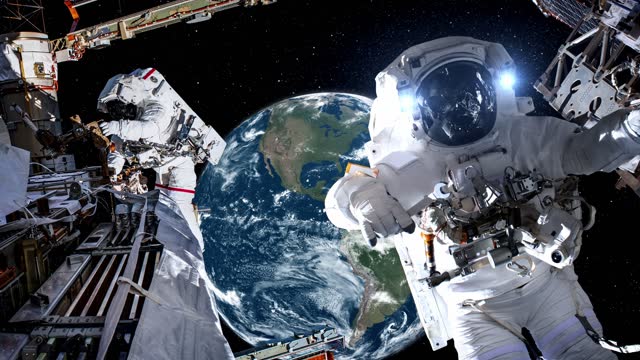 Astronaut spaceman do spacewalk while working for spaceflight mission