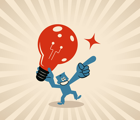 Blue Cartoon Characters Design Vector Art Illustration.
A smiling blue man aims the big idea light bulb further up.
