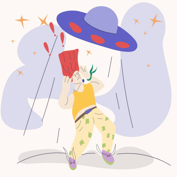 istock an abstract person is abducted by a ufo flat color vector contour illustration memphis style drawing 1490511566