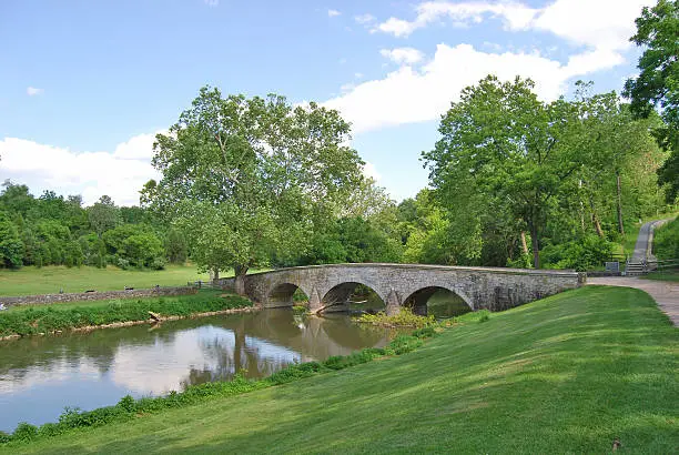 The famous Burnside Bridge at Antietam National Battlefield in Sharpsburg, Maryland. This bridge over Antietam Creek played a pivotal role in the Battle of Antietam in the American Civil War.