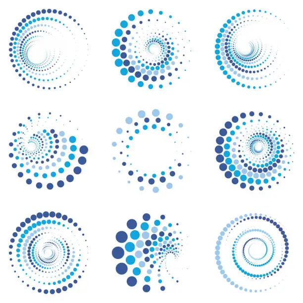 Vector illustration of Vector Radiation Blue Half Tone Dots Patterns Swirl Ring Icon Collection