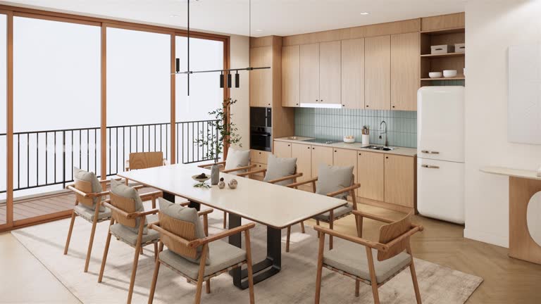 Minimal and modern japandi style dining room interior design and decoration with wooden table and chairs, built in kitchen counter and cabinets. 4K video 3d rendering animation apartment with terrace.