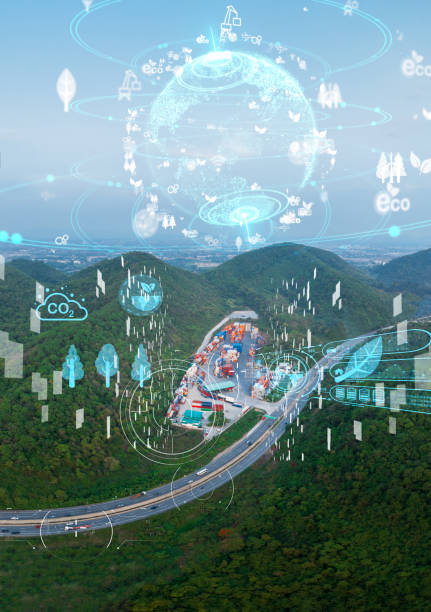 Icon representing the ecological green transportation. Cargo Container yard next the road and surrounded by mountains , forklift truck and cargo at depot working shipping green logistics