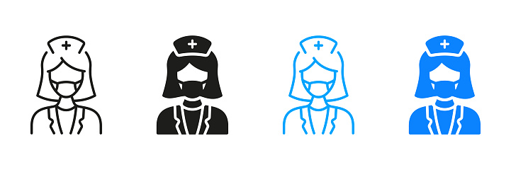 Physician, Orthodontist, Endodontist Pictogram Collection. Dental Doctor Woman in Face Mask Silhouette and Line Icon Set. Female Dentist, Surgeon Black and Color Sign. Isolated Vector Illustration.