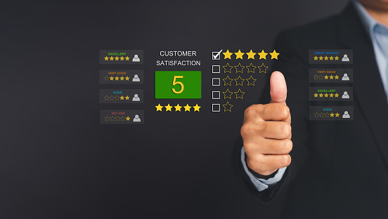 Customer review and feedback. Customers give a rating to service experience on the application in a smartphone. Service evaluation. Business and satisfaction surveys concept.