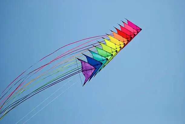 Stack of 12 stunt kites in rainbow colours on a blue sky background