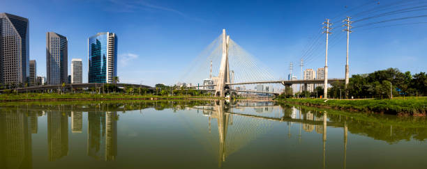 View of the Cable-stayed bridge at Pinheiros river at Morumbi neighborhood in Sao Paulo