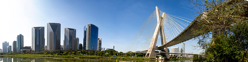View of the Cable-stayed bridge at Pinheiros river at Morumbi neighborhood in Sao Paulo