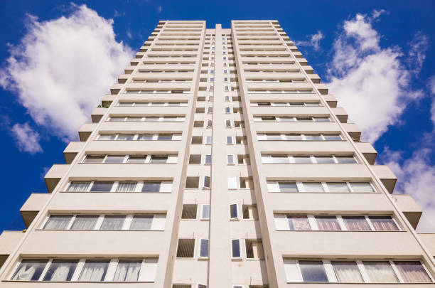 Looking up the residential tower block, London, UK