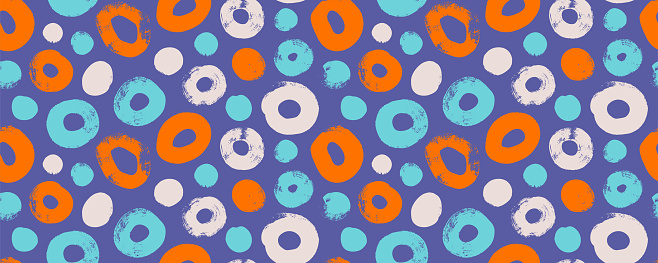 Bold irregular round shapes seamless pattern. Brush drawn thick spots and rough blots. Bright color abstract geometric banner with bold circles. Retro organic colorful texture. Vector background.