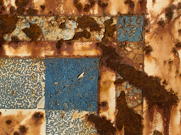 Rusty steel with blue and white paint stock photo