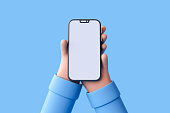 Cartoon hand holding smartphone on blue background