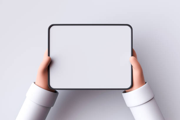 istock Cartoon character hand holds digital tablet 1490535297