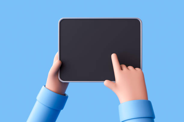 istock Cartoon character hand holds digital tablet 1490535303