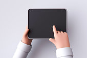 Cartoon character hand holds digital tablet