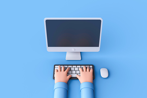 Cartoon hands are working at the computer, isolated on a blue background.