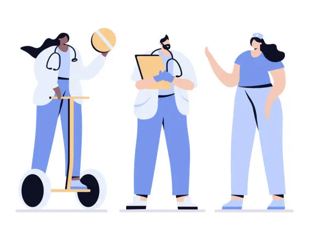 Vector illustration of medical man people vector doctors and nurses doctor on segway with tablet