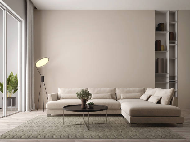 istock Wall mockup in living room with table and lamp.3d rendering 1490540428