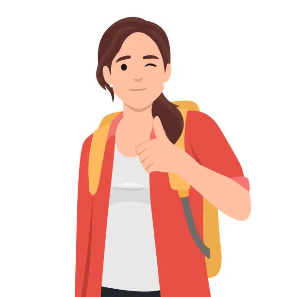 Vector illustration of Young caucasian traveler woman giving thumb up. Full length of smiling traveler woman with thumb up. Cheerful traveler showing thumb up.